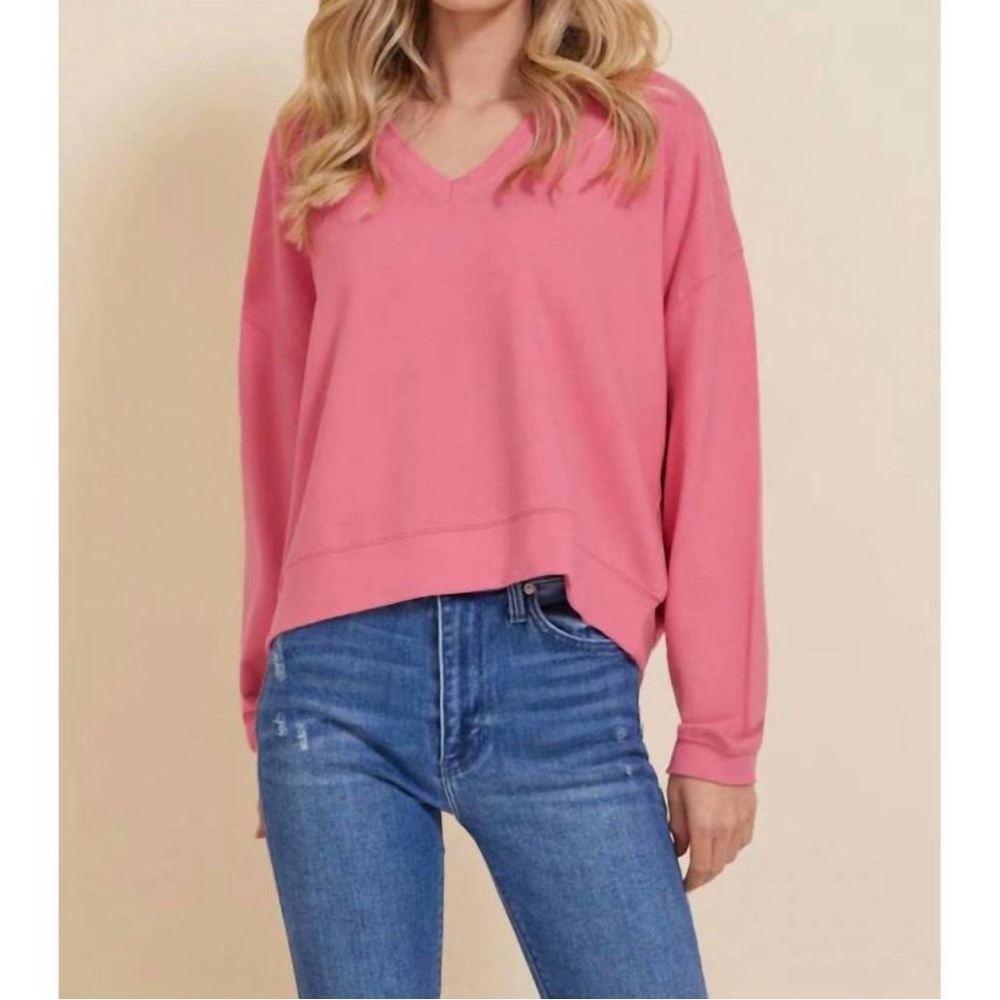 NWT MAJESTIC FILATURES french terry v-neck pullover in candy pink size 5 XL